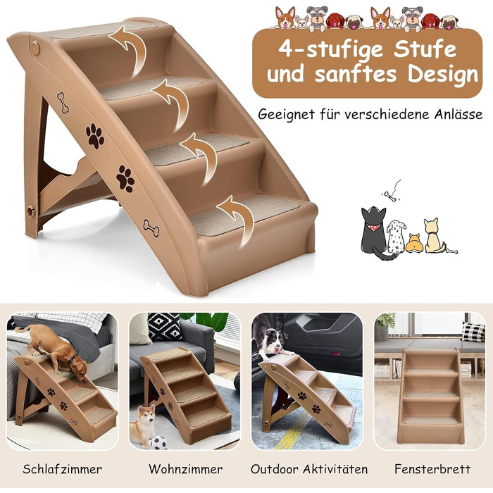 Сходинки для домашніх тварин GYMAX з 4 сходинками, складана драбинка для собак і котів з пластику, з антиковзкими накладками, 4 килимками та трикутною структурою, допомога у підйомі для котів та собак (колір: кава)