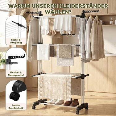 Сушарка для білизни Tower з колесами | 4-ярусна сушарка з нержавіючої сталі з 6 відкидними крилами та 2 боковими сторонами | 76x50x172 см | Компактна, складна для балкона, ванної кімнати та саду | Чорний