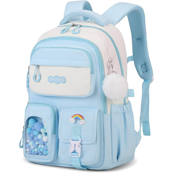 Шкільний рюкзак для дівчаток-підлітків з помпоном, тролейова петля та світловідбивачі. Великий рюкзак для школи та подорожей (блакитний).