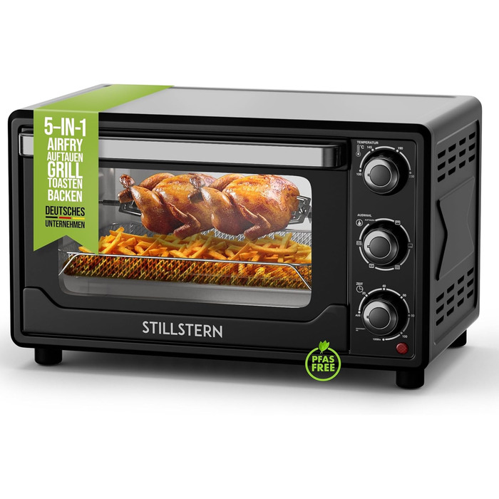 Міні-піч Stillstern CYCLONE PRO+ (25л) з конвекцією: піч-фритюрниця, гриль, тостер, піца, для кемпінгу, з антипригарним покриттям, рецепти, вертушка, 1500W