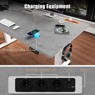 Devoko Adjustable Standing Desk, Electric Standing Desk with Wireless Charger, Memory Control, 3 USB Ports, 360° Swivel Wheels (Gray & White, 140 x 70 cm)