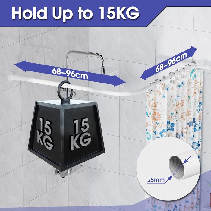 Регульована штанга для душу L-Form, 68–96 см × 68–96 см, нержавіюча сталь, кутова, вологостійка, з 12 кільцями та комплектом шурупів, білий колір