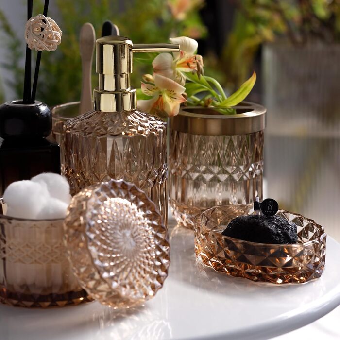 EMPO 6-Piece Clear Glass Bathroom Accessories Set (Lotion-Soap Dispenser, Soap Dish, Toothbrush Holder, Cup, Cotton Swab Holder), Modern Decoration, Crystal Vintage Gift (Oceanente) (6 Pieces Brown)