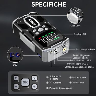 Портативний пусковий пристрій для автомобіля з повітряним компресором 8000A/150PSI (12V, для бензинових та дизельних двигунів) з LCD-дисплеєм M03