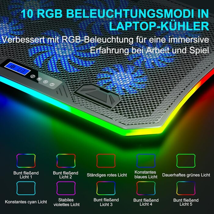 Ігровий охолоджувач для ноутбука MOOJAY RGB, підставка з 8 тихими вентиляторами, регулювання висоти, тримач для смартфона, для ноутбуків 15.6-17.3 дюймів, синя LED-підсвітка