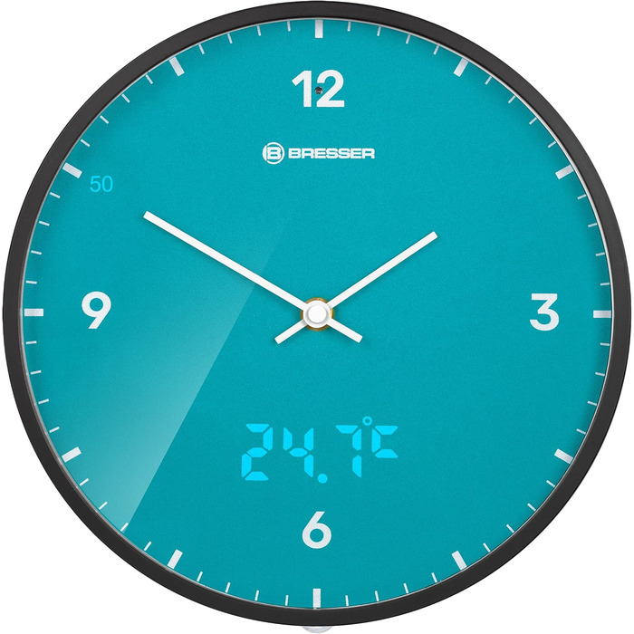 Bresser MyTime Radio-Controlled Wall Clock without Ticking Sounds, 24 cm Dial, LED Second Display, Indoor Temperature, and Silent Radio Movement, (Sky Blue)