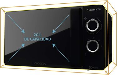 Мікрохвильова піч Cecotec ProClean 3030, 20 л, покриття Ready2Clean, 700 Вт, 6 режимів, таймер 30 хв, розморожування, чорний колір