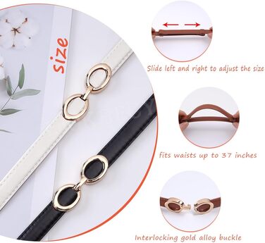 2 жіночі шкіряні ремені Skinny: тонкий, витончений, з золотою пряжкою для суконь та пальто (чорний+білий)