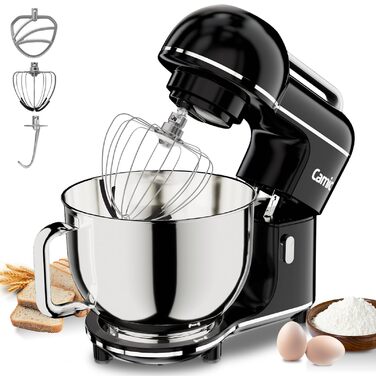 Кухонний комбайн-міксер Camic 2000W, чаша зі сталі 7л, 10 швидкостей, з набором насадок (гак, вінчик) та захистом від бризок, чорний