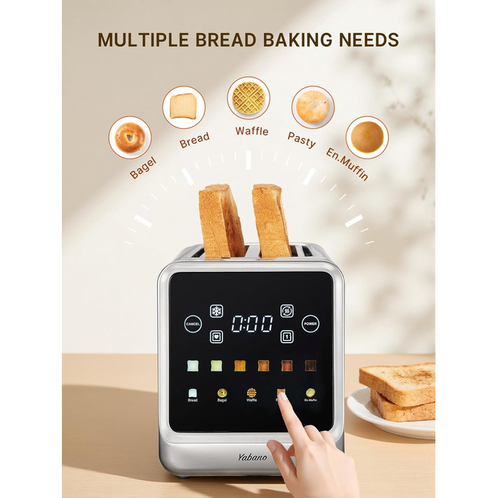 Тостер Yabano на 4 підсмажувальні позиції з сенсорним екраном та функцією пам'яті, технологією Single-Slice, таймером, функціями розморожування та підігріву, з нержавіючої сталі, 6 рівнів підсмажування, 5 програм для хліба