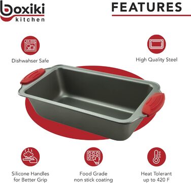 Loaf Pan - Premium Non-Stick Loaf Pan Made of Steel by Boxiki Kitchen | Professional Non-Stick Baking Pan for Baking Banana Bread, Meatloaf, and Pound Cake | 21.5 x 11.5 cm, with Red Silicone Grips