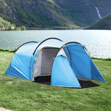 Outsunny Tunnel Tent for 2-3 People 190T Camping Tent with Stakes, Fiberglass & Polyester, Light Blue, 426x206x154cm | Aosom
