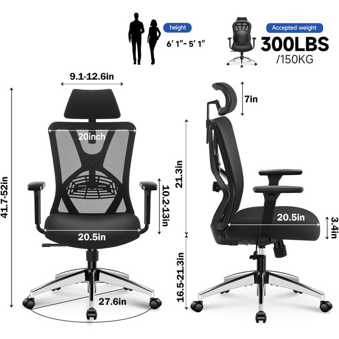 Ticova Ergonomic Office Chair - Adjustable Lumbar Support, Headrest & 3D Armrests