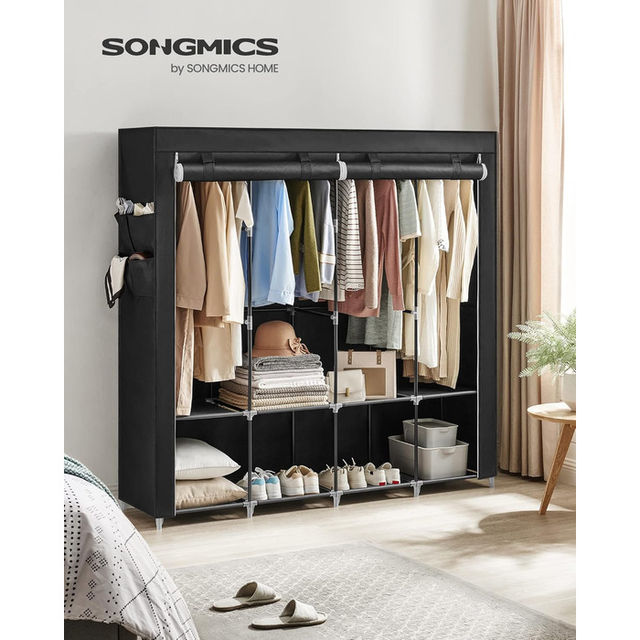 SONGMICS Wardrobe, Clothes Closet, 45 x 170 x 167 cm, 4 Hanging Shelves, with Shelves, 4 Side Pockets, Lots of Space, for Bedroom, Living Room, Black RYG094B02