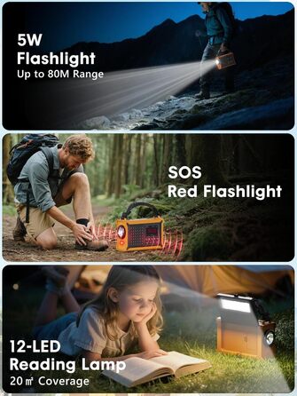 ROCAM Радіоприймач на ручку DAB+/UKW, портативне аварійне радіо з сонячною панеллю 8500 мм² та ручкою 650mA, цифрове радіо з Bluetooth, 2.4' кольоровий дисплей, 80 станцій, SOS, LED ліхтарик, USB, IPX6 для кемпінгу (Жовтий)