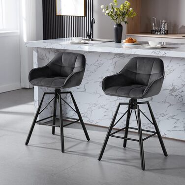 WOLTU 2-Piece Bar Stool Set - Swivel Barstools with Backrest & Footrest - Velvet Upholstered Metal Bar Chairs - Dark Grey
