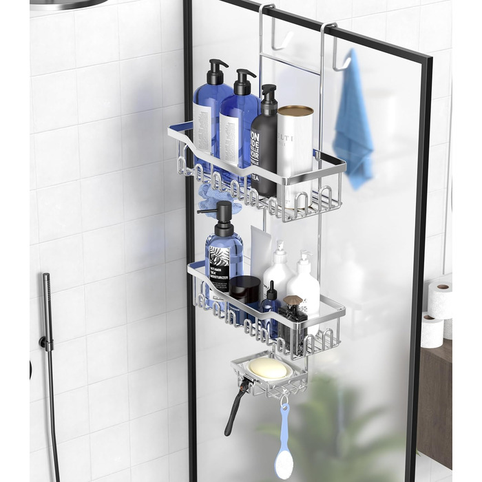 ZUIMENG Shower Shelf, 3 Tier Shower Caddy, No Drilling Shower Shelf, Bathroom Shelf Shower Basket Hanging, Shampoo Holder Shower Hanging Shelf for Glass Door Shower Wall with Soap Dish and Hooks (Silver)