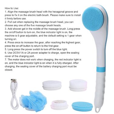 Electric Body Bath Brush with USB Charger, 6 Speed Adjustable Bath Body Brush Set Shower Brush Back Scrubber Multifunction Long Handle Massager, Long Handle (Blue)
