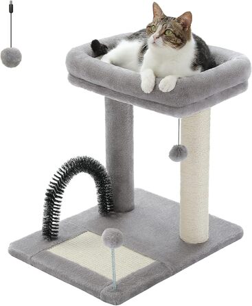 PETEPELA Small Scratching Post 51cm with Sisal Scratching Column, Scratching Board, Scratching Pad, Play Ball, Plush Cave for Kittens, Grey