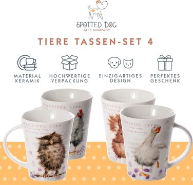 SPOTTED DOG GIFT COMPANY - Coffee mugs with beautiful animal motifs - Ceramic coffee cups - with owl, squirrel, goose, and chicken designs - Gift for animal lovers - Set of 4