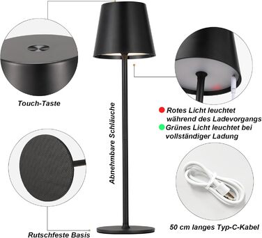 Набір з 2 бездротових настільних світильників LED з акумулятором, сенсорне регулювання яскравості, 3 режими кольору, USB-C зарядка для спальні, столу, кемпінгу (Чорний)