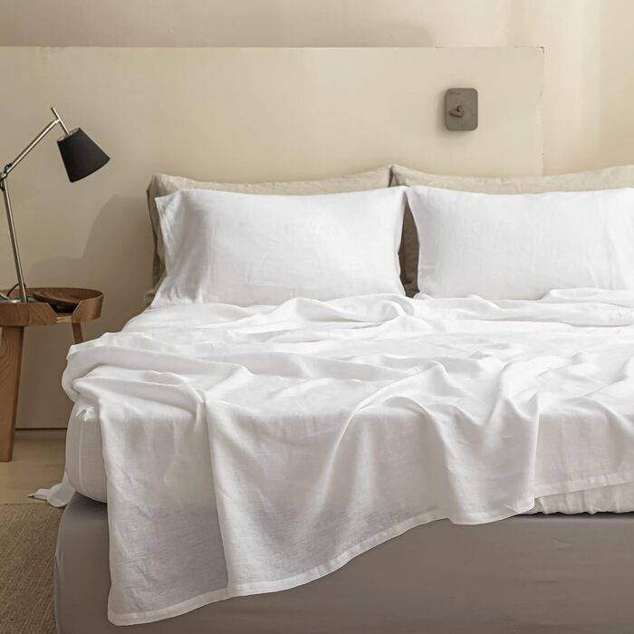 Simple&Opulence Linen Sheet Set 100% Linen Bedding, Ultra-Soft, Breathable Bed Sheets for Farmhouse Style, Only 1 Fitted Sheet (269cm x 295 cm, White)