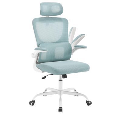 Крісло офісне WOLTU ергономічне, крісло для робочого столу з функцією гойдання, регульована підголовник, поворотні підлокітники, підтримка попереку, офісне крісло, витримує 150 кг (Блакитний)