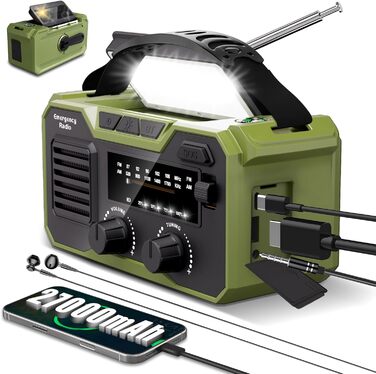 Радіоприймач Kurbelradio 27000mAh з ручним генератором, сонячною панеллю, Bluetooth 5.3, SOS-сигналом, компасом та ліхтариком. Радіо для надзвичайних ситуацій, виживання та підготовки до стихійних лих (зелене)