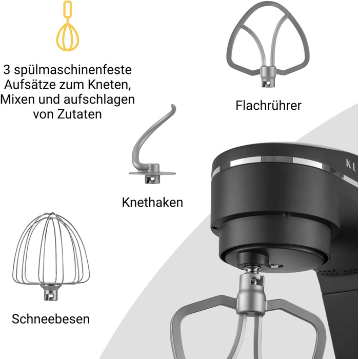 KLAMER 1800W Stand Mixer - Stainless Steel Bowl 6L, 10 Speed, Timer, Planetary Mixing, Dough Hook, Whisk & Beater - Black