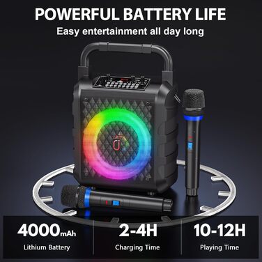 Караоке машина HWWR з 2 бездротовими мікрофонами, Bluetooth колонкою, PA-системою для дому та вечірок. Підтримка TF/USB, AUX, чорний колір