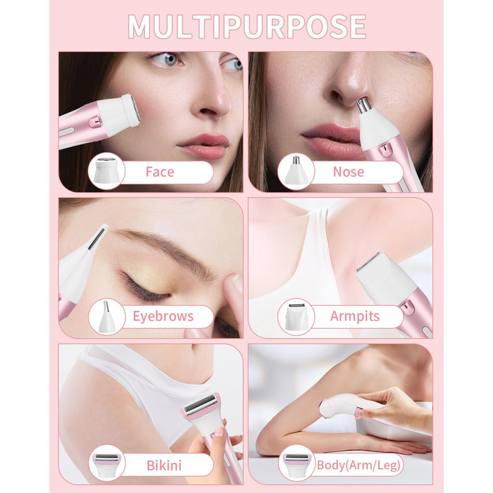 Електричний жіночий тример 5-в-1 для тіла, бікіні, брів та носа, з USB-станцією, білий (Рожевий)