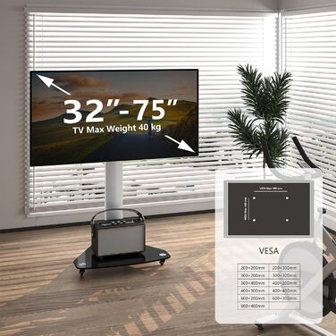 Підставка для телевізора XTRARM Proton 300 з полицею, розетками, USB-портами, VESA 191см, для телевізорів 32-75 дюймів, 40 кг, алюміній, скло, срібло