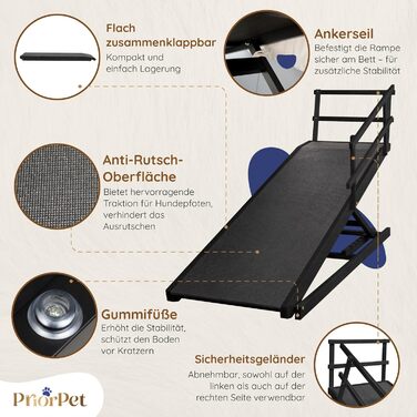 Сходинки для собак до ліжка з поручнями - для великих собак до 90 кг - регульована висота до 94.5 см - ширина 49.5 см - складані - з антиковзним покриттям - з берези - натуральний колір (чорний)