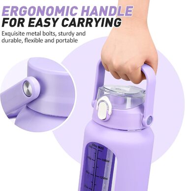 2L Glass Water Bottle with 2 Lids Flip and Go Lid 2 Liter Large Water Jug with Time Marker and Silicone Sleeve BPA-Free Leakproof for Sports Gym, (Purple)