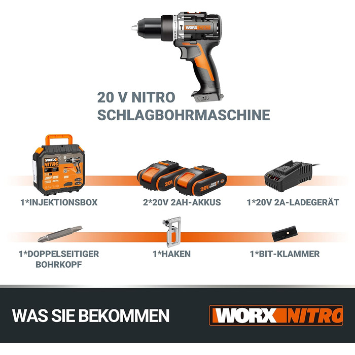 WORX NITRO WX352 Акумуляторний ударний дриль-шуруповерт Set 20V - безщітковий двигун, 60Nm, 2-швидкісна коробка передач, LED-підсвічування, комплект з 2 x 20V 2Ah акумуляторами та 2A зарядним пристроєм