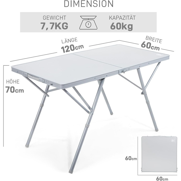 Складаний столик для кемпінгу EVER ADVANCED 120x60 см, XL для 4-6 осіб, до 60 кг, стабільна конструкція, для кемпінгу, пікніка, саду, балкону (білий)