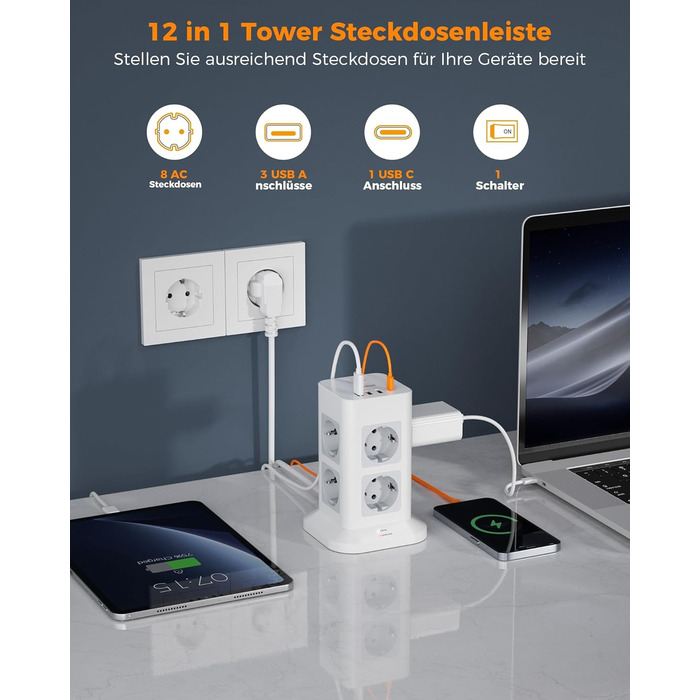 Багатофункціональна мережа TESSAN з 8 розеток, USB-C, захистом від перенапруги, вимикачем, 2 м кабелем, 3600W (сірий/білий)