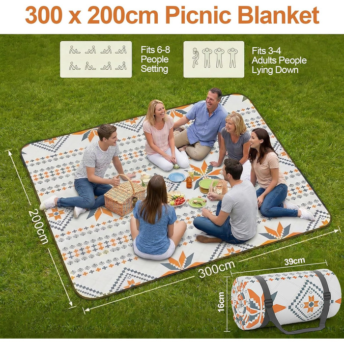 Плед для пікніка водонепроникний 200x200 см, пляжний килим без піску, складаний, з ручкою для перенесення (на 4-6 осіб) - ідеально для пляжу, кемпінгу та пікніків