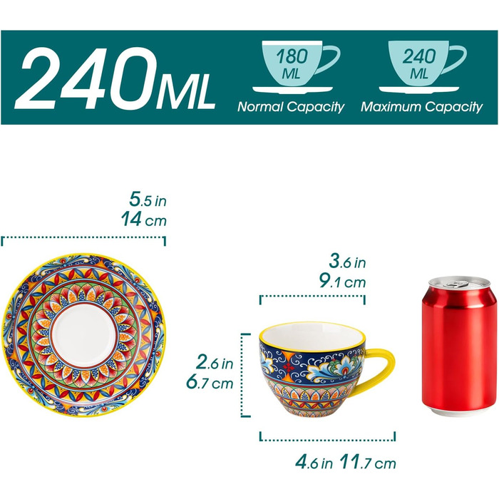 Набір кавових чашок капучино Vancasso SIMI (6 шт.) з блюдцями, 240 мл - фарфоровий посуд для 6 осіб, мікрохвильова піч, богемський стиль