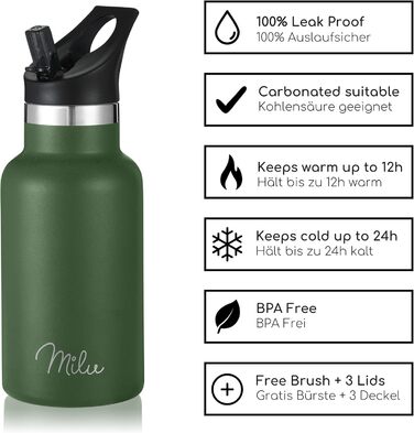 Фляга з нержавіючої сталі Milu 350/500/750/1000 мл (+3 кришки) з трубочкою, термос, ізольована пляшка для води, дитяча, доросла, для подорожей, без витоку (оливковий, 350 мл)