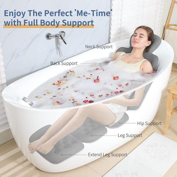 Подушка для ванни для всього тіла з 160 присосками, 129.5 x 40.6 см, сірого кольору. Підтримка голови та шиї, з мішком для білизни.