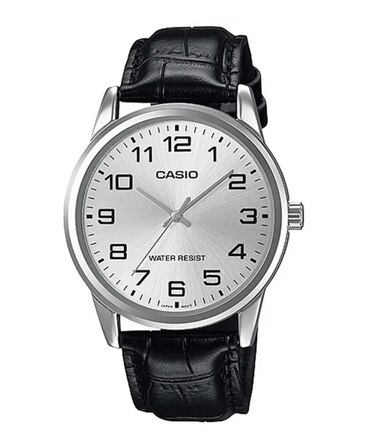 Класичний чоловічий годинник CASIO: сріблястий корпус, чорний ремінець із натуральної шкіри + подарункова коробка
