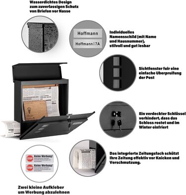 Поштовий ящик Zedelmaier з нержавіючої сталі, персоналізований, настінний, з відділенням для преси, 2 ключі, антрацит, 33x31x10 см