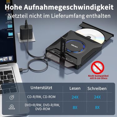 Зовнішній CD/DVD привід UNITEK USB-C, портативний DVD-плеєр з картридером SD, USB 3.0 Hub та CD-ROM записником для ноутбуків, ПК, Windows, Linux, macOS (чорний)