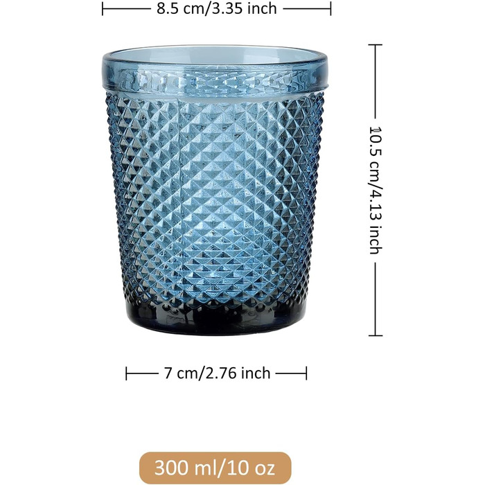 Joeyan 300ml Blue Drinking Glasses Set of 6, Colorful Water Glasses Set with Diamond Relief, Vintage Glasses Set for Home Restaurant Bar, Dishwasher Safe