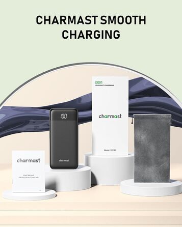 Powerbank Charmast 10000mAh з 4 кабелями, 6 виходами та 3 входами. Сумісний з iPhone, iPad, Samsung. Чорний