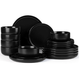 Набір посуду Onader на 6 осіб: 18-ти частинний сервіз з каменю, 6 тарілок, десертних тарілок, мисок, стійкий до миття в посудомийній машині та подряпин (Класичний чорний)