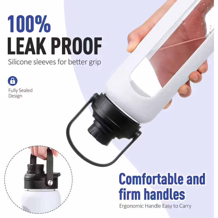 BLUEGO Glass Water Bottle - Sport Water Bottle with 2 Lids and Straw Leak-proof Glass Bottle with Time Marker and Measurement Scale BPA Free, (White, 700 ml)