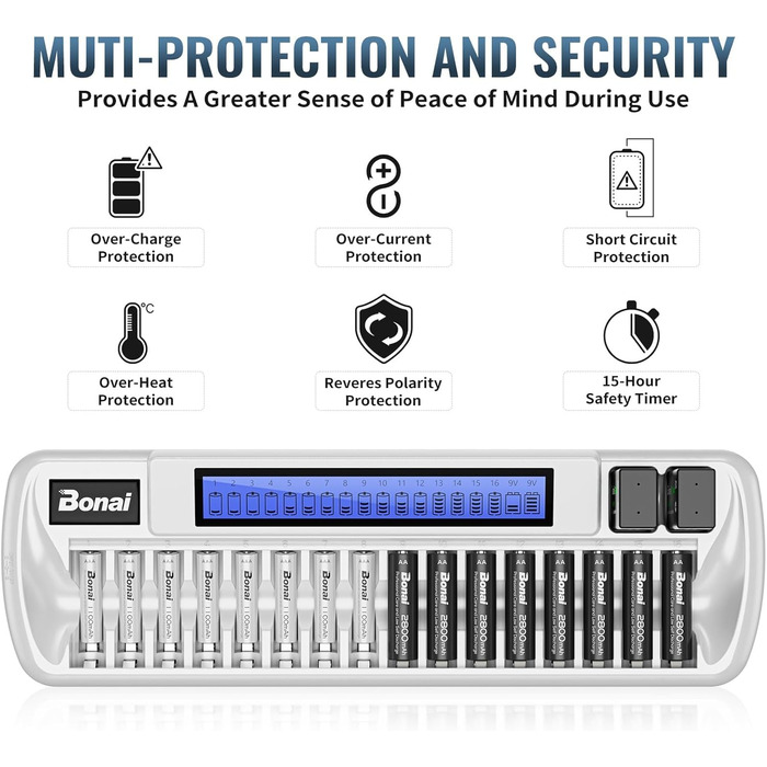 Зарядний пристрій BONAI для акумуляторів 18 слотів, універсальний, швидкий, LCD, для AA, AAA, 9V, NI-MH/NI-CD