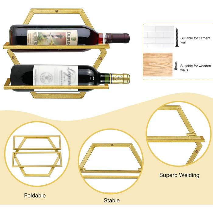 Metal Wall Mounted Wine Holder Stemware Glass Rack, 2Pcs Hanging Glass Wine Rack Wall Mount Red Wine Rack Organizer with 3 Stem Glass Holders for Home Kitchen Bar Display Decor (Gold Bb)